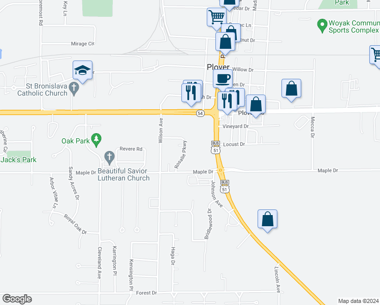 map of restaurants, bars, coffee shops, grocery stores, and more near 3150 Rosalie Parkway in Plover