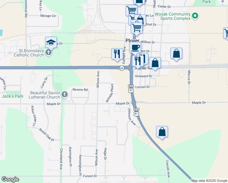 map of restaurants, bars, coffee shops, grocery stores, and more near 3150 Rosalie Parkway in Plover