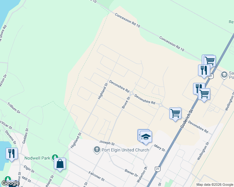 map of restaurants, bars, coffee shops, grocery stores, and more near 383 Normanton Street in Port Elgin