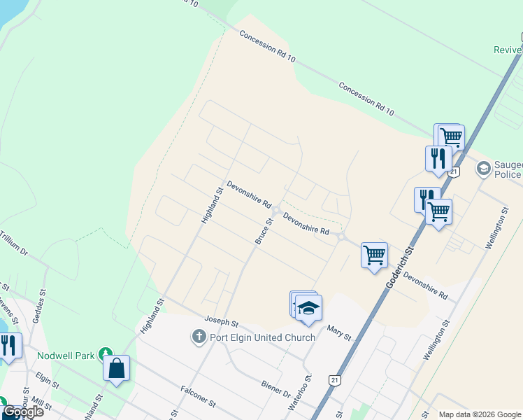 map of restaurants, bars, coffee shops, grocery stores, and more near 383 Normanton Street in Port Elgin