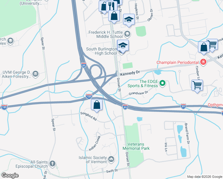 map of restaurants, bars, coffee shops, grocery stores, and more near in South Burlington