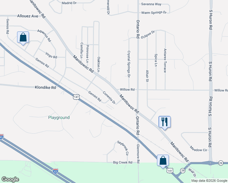 map of restaurants, bars, coffee shops, grocery stores, and more near 3009 Conesta Drive in Green Bay