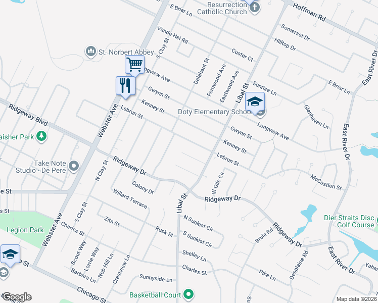 map of restaurants, bars, coffee shops, grocery stores, and more near 1780 Corvallis Court in De Pere