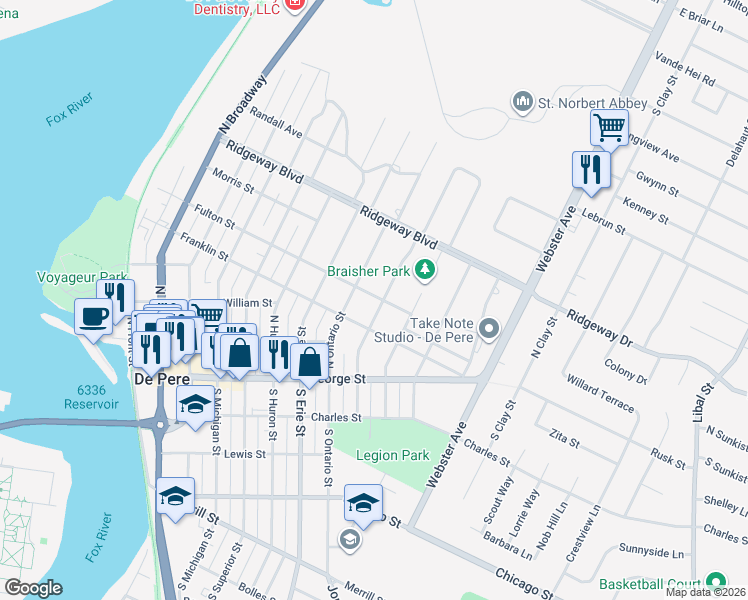 map of restaurants, bars, coffee shops, grocery stores, and more near 515 North Winnebago Street in De Pere