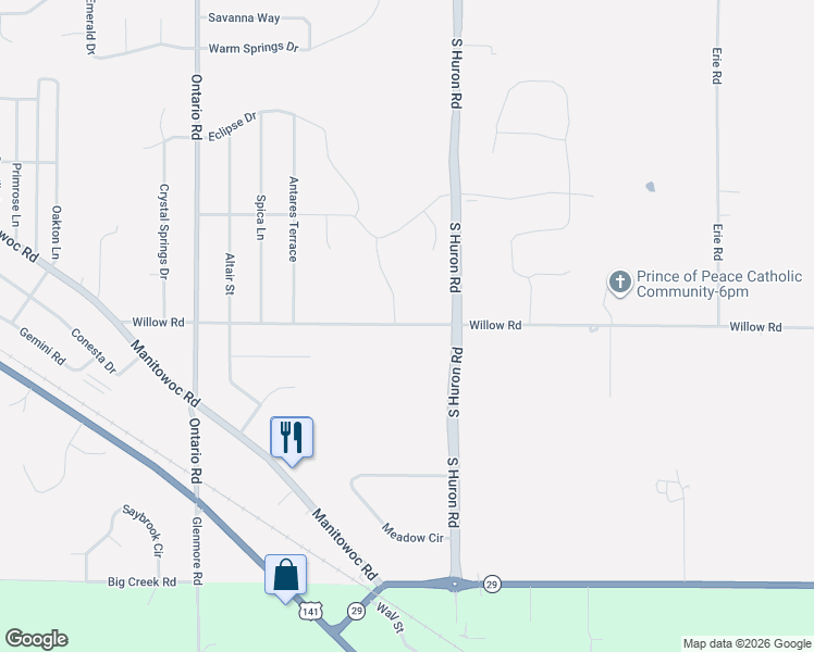 map of restaurants, bars, coffee shops, grocery stores, and more near 3263 Willow Road in Bellevue