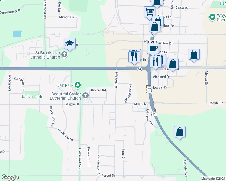 map of restaurants, bars, coffee shops, grocery stores, and more near 3111 Wilson Avenue in Plover