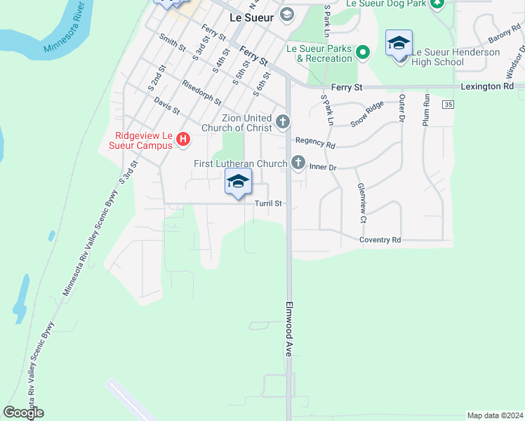 map of restaurants, bars, coffee shops, grocery stores, and more near 706 Turril Street in Le Sueur