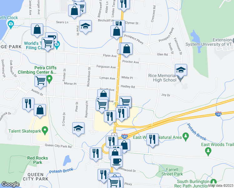 map of restaurants, bars, coffee shops, grocery stores, and more near Shelburne Road in South Burlington