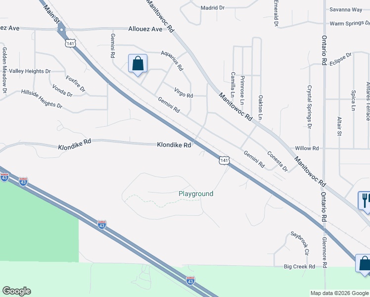 map of restaurants, bars, coffee shops, grocery stores, and more near 2532 Gemini Road in Green Bay