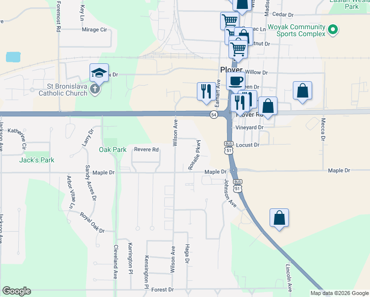 map of restaurants, bars, coffee shops, grocery stores, and more near 3200 Wilson Avenue in Plover