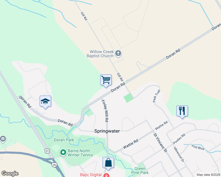 map of restaurants, bars, coffee shops, grocery stores, and more near 90 Doran Road in Springwater