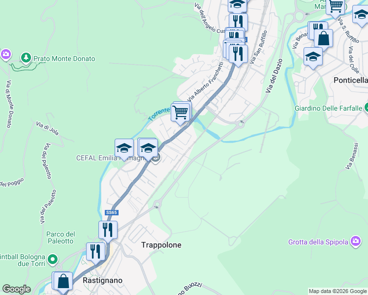 map of restaurants, bars, coffee shops, grocery stores, and more near 33 Via la Bastia in Bologna