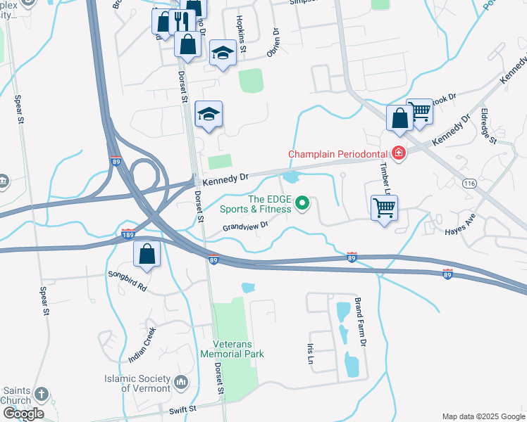 map of restaurants, bars, coffee shops, grocery stores, and more near S5 Grandview Drive in South Burlington