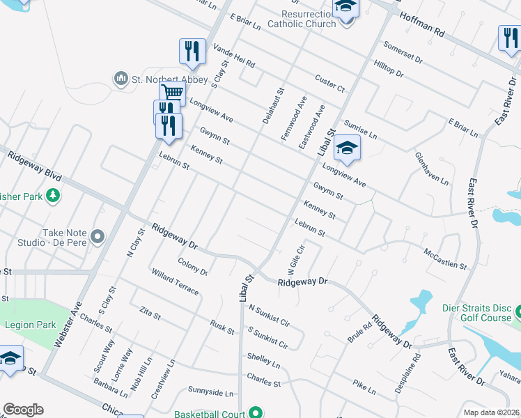 map of restaurants, bars, coffee shops, grocery stores, and more near 1780 Corvallis Court in De Pere