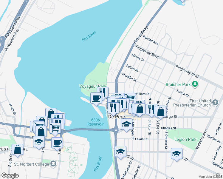 map of restaurants, bars, coffee shops, grocery stores, and more near 233 North Broadway in De Pere