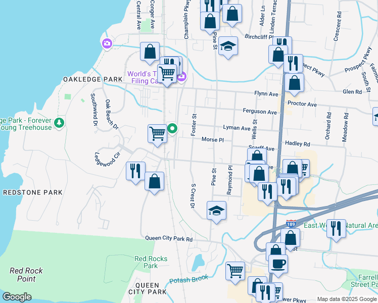 map of restaurants, bars, coffee shops, grocery stores, and more near 5 South Crest Drive in Burlington