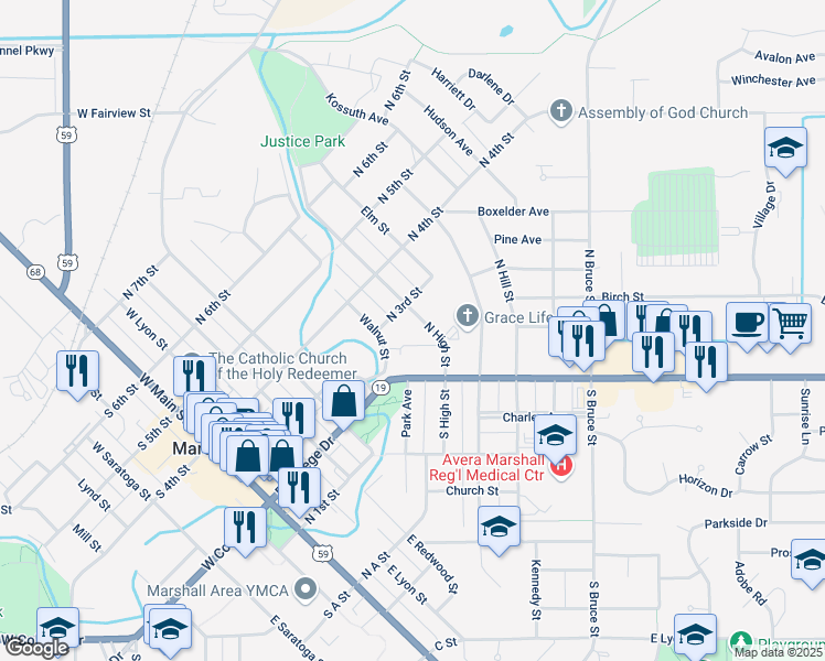 map of restaurants, bars, coffee shops, grocery stores, and more near 506 Summit Street in Marshall