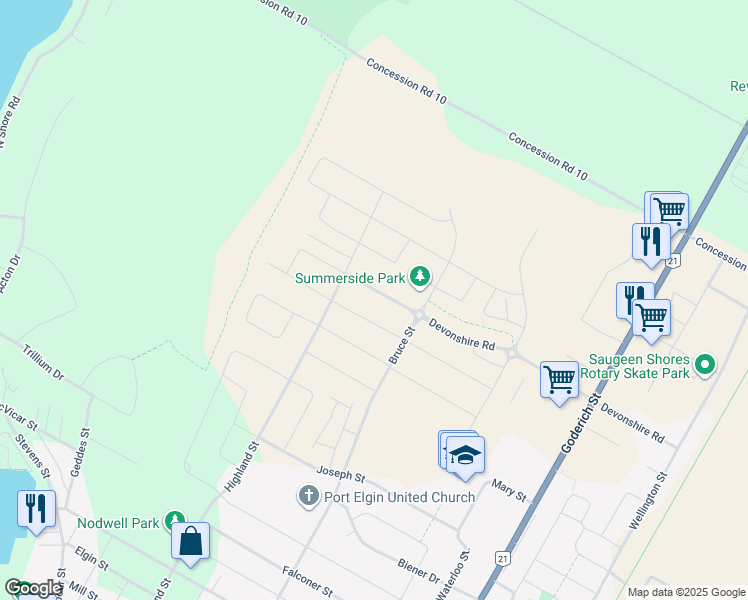 map of restaurants, bars, coffee shops, grocery stores, and more near 380 Devonshire Road in Port Elgin