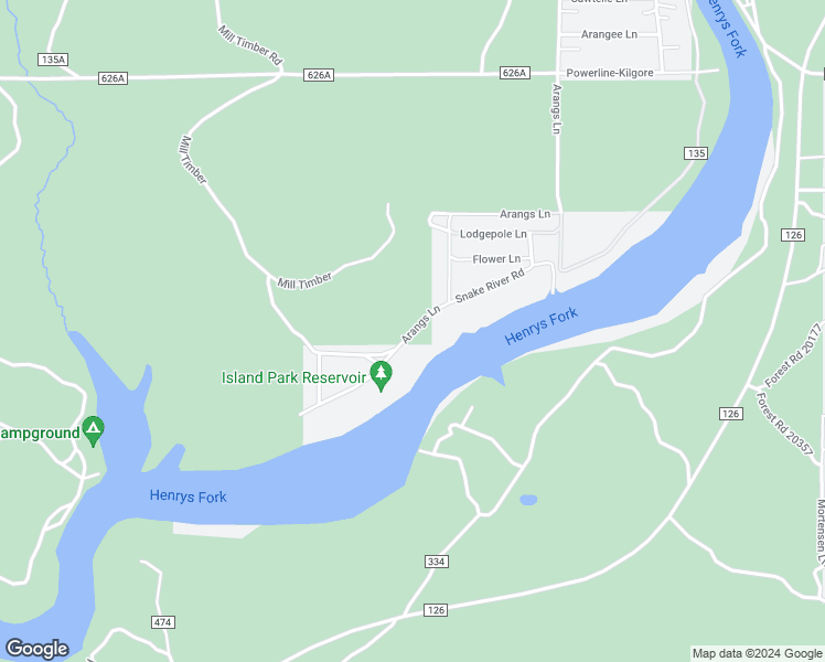 map of restaurants, bars, coffee shops, grocery stores, and more near Snake River Road in Island Park