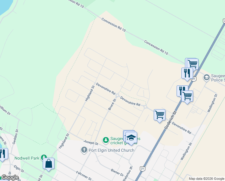 map of restaurants, bars, coffee shops, grocery stores, and more near 399 Devonshire Road in Port Elgin