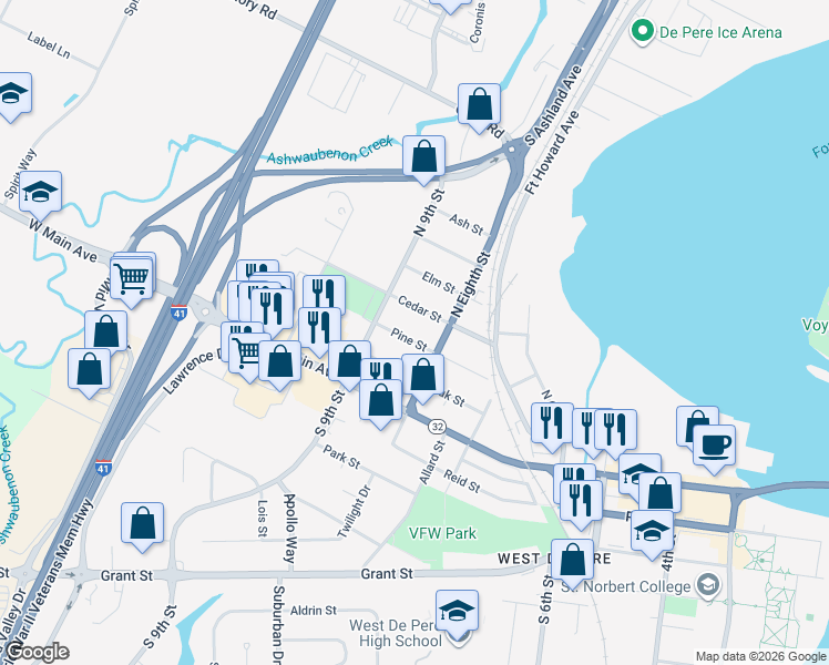 map of restaurants, bars, coffee shops, grocery stores, and more near 847 Cedar Street in De Pere