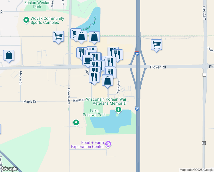 map of restaurants, bars, coffee shops, grocery stores, and more near 3038 Village Park Drive in Plover