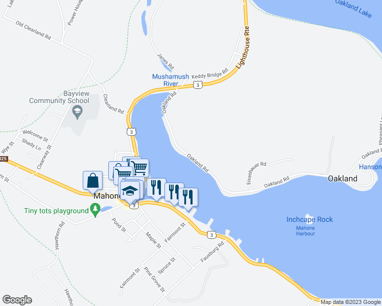 map of restaurants, bars, coffee shops, grocery stores, and more near 1724 Oakland Road in Mahone Bay