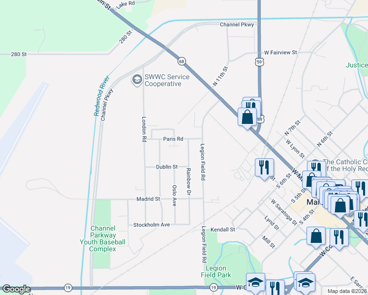 map of restaurants, bars, coffee shops, grocery stores, and more near 1008 Paris Road in Marshall