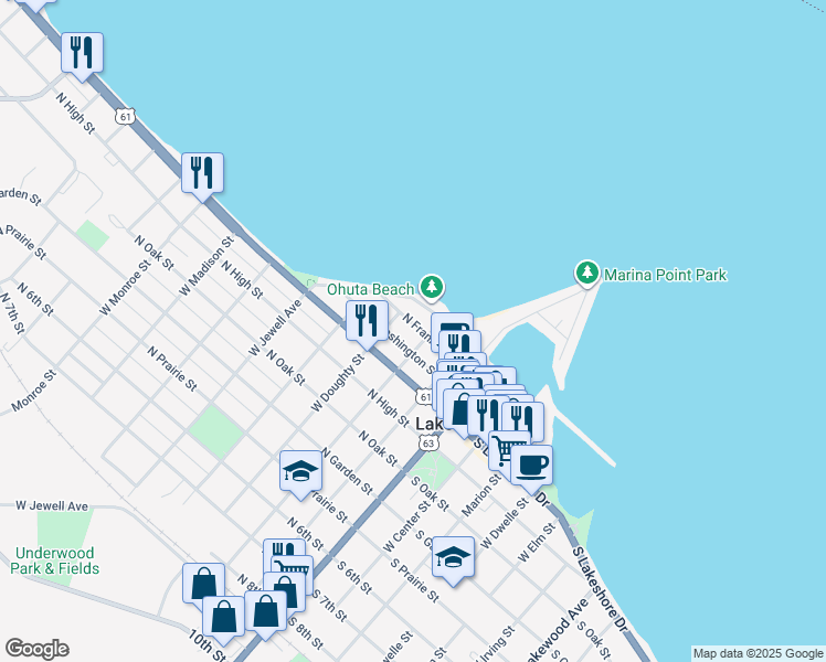 map of restaurants, bars, coffee shops, grocery stores, and more near 201 East Walnut Street in Lake City