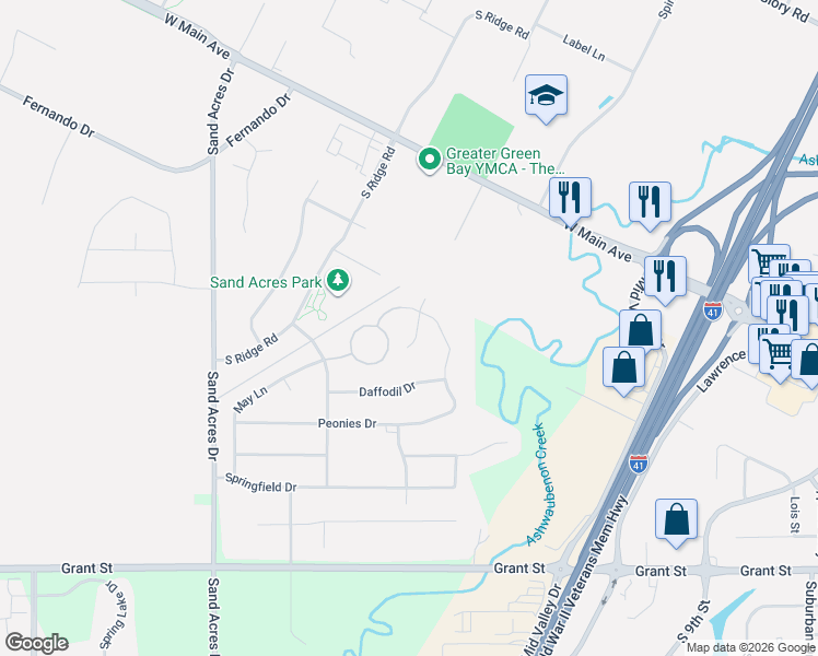 map of restaurants, bars, coffee shops, grocery stores, and more near 3619 Woods Edge Way in De Pere