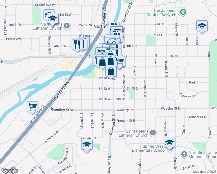 map of restaurants, bars, coffee shops, grocery stores, and more near 700 Division Street South in Northfield