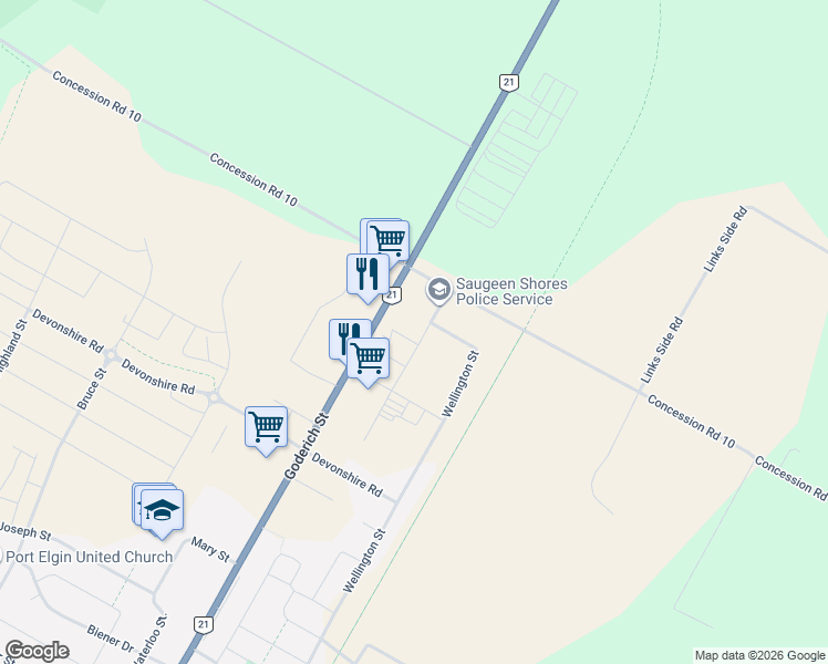 map of restaurants, bars, coffee shops, grocery stores, and more near 1223 Mackenzie Road in Port Elgin