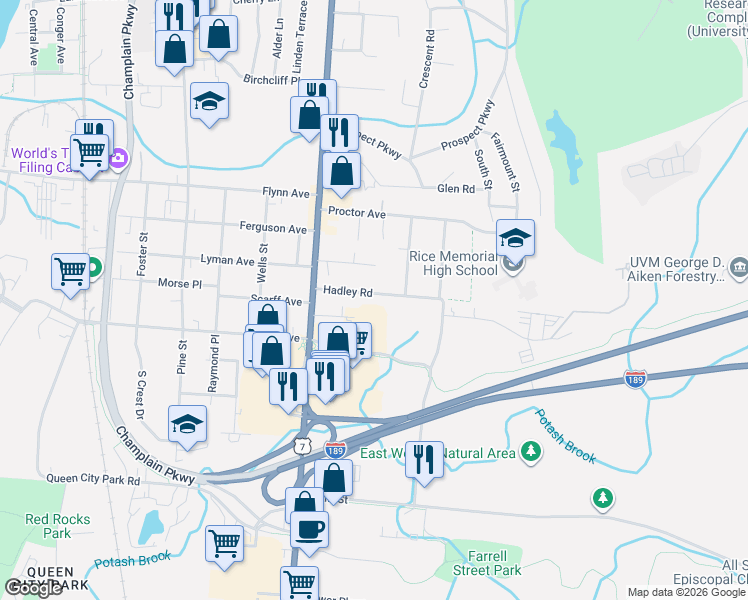 map of restaurants, bars, coffee shops, grocery stores, and more near 70 Hadley Road in South Burlington
