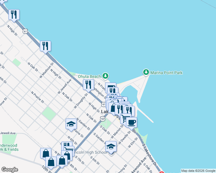 map of restaurants, bars, coffee shops, grocery stores, and more near 219 Park Street in Lake City