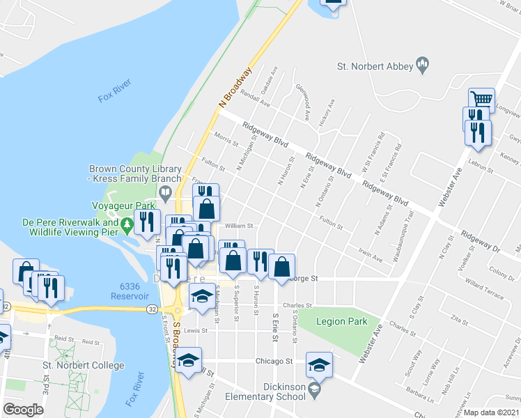 map of restaurants, bars, coffee shops, grocery stores, and more near 501 North Huron Street in De Pere