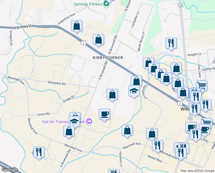 map of restaurants, bars, coffee shops, grocery stores, and more near 145 Kirby Lane in Williston