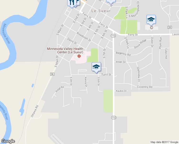 map of restaurants, bars, coffee shops, grocery stores, and more near 529 Turril Street in Le Sueur