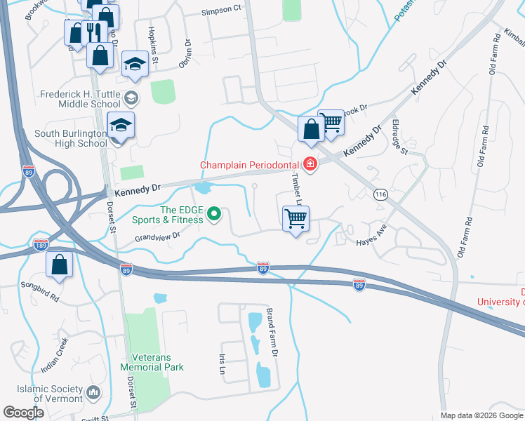 map of restaurants, bars, coffee shops, grocery stores, and more near 141 North Twin Oaks Terrace in South Burlington