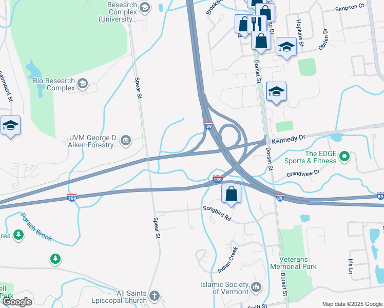 map of restaurants, bars, coffee shops, grocery stores, and more near Interstate 189 in South Burlington