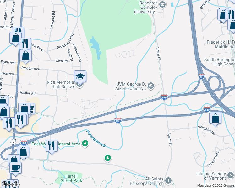 map of restaurants, bars, coffee shops, grocery stores, and more near 69G Joy Drive in South Burlington