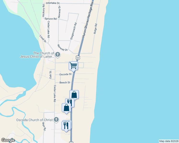 map of restaurants, bars, coffee shops, grocery stores, and more near 4816-4898 Erie Street in Oscoda Township