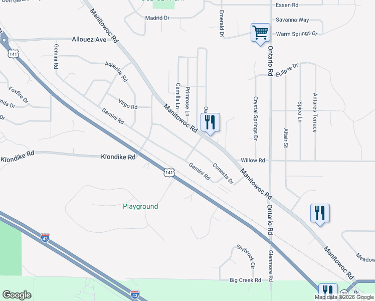 map of restaurants, bars, coffee shops, grocery stores, and more near 2865 Conesta Drive in Green Bay
