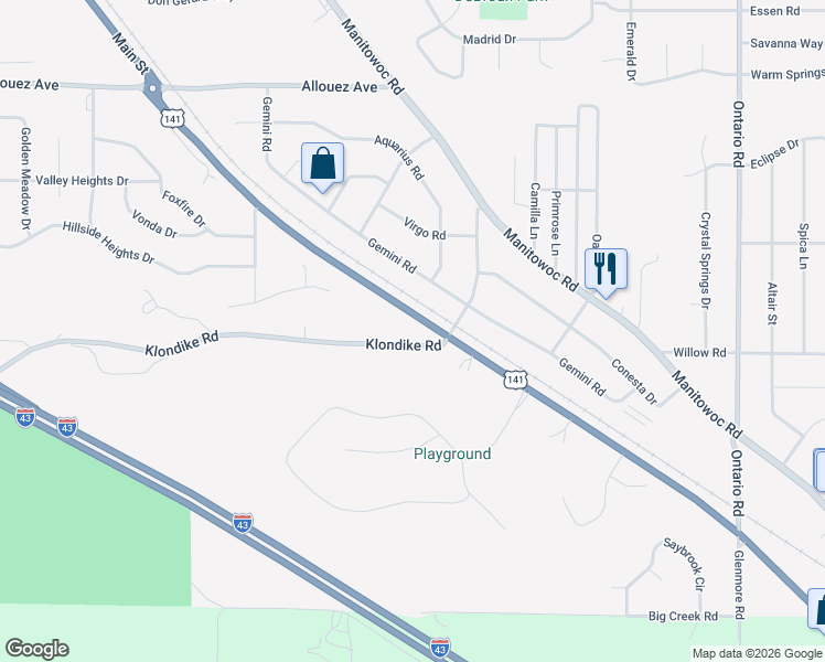 map of restaurants, bars, coffee shops, grocery stores, and more near 2841 Klondike Road in Green Bay