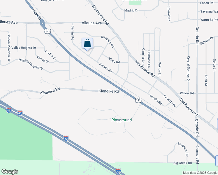 map of restaurants, bars, coffee shops, grocery stores, and more near 2841 Klondike Road in Green Bay