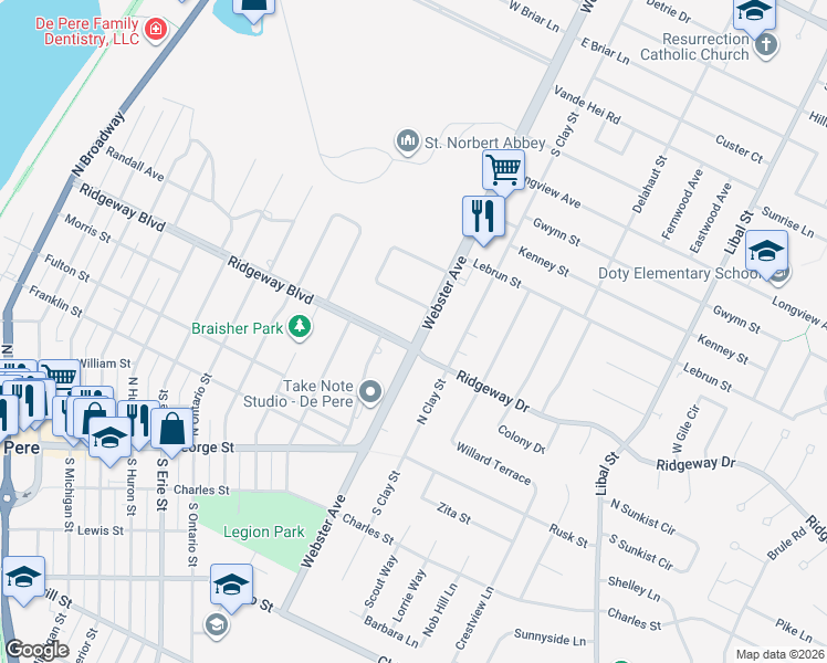 map of restaurants, bars, coffee shops, grocery stores, and more near 1350 South Summer Range Road in De Pere