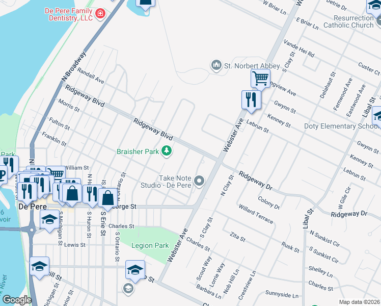 map of restaurants, bars, coffee shops, grocery stores, and more near in De Pere