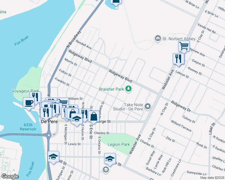 map of restaurants, bars, coffee shops, grocery stores, and more near 626 North Ontario Street in De Pere
