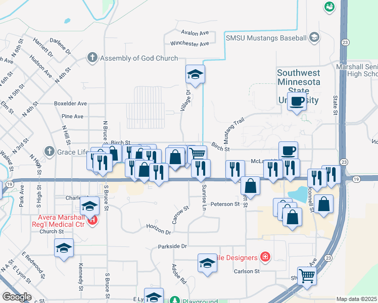 map of restaurants, bars, coffee shops, grocery stores, and more near 1300 Birch Street in Marshall