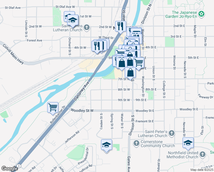 map of restaurants, bars, coffee shops, grocery stores, and more near 301 7th Street West in Northfield