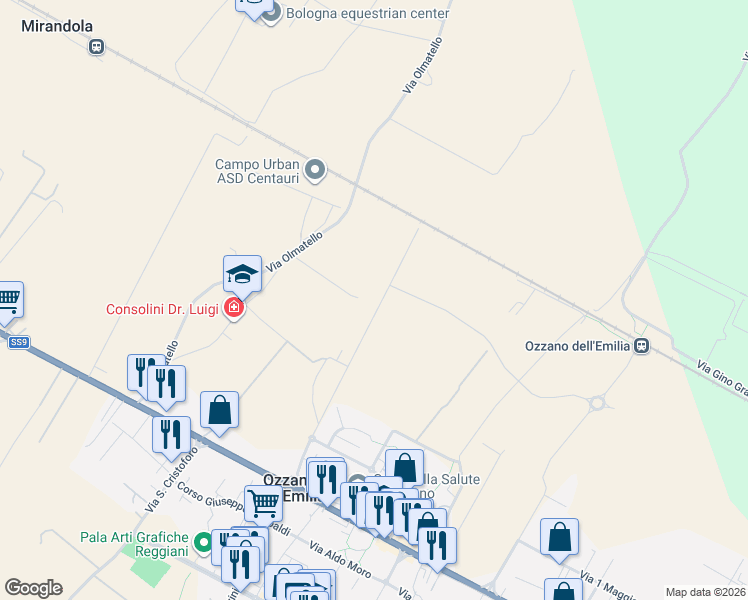map of restaurants, bars, coffee shops, grocery stores, and more near 21 Via Ambiente in Ozzano Dell`Emilia